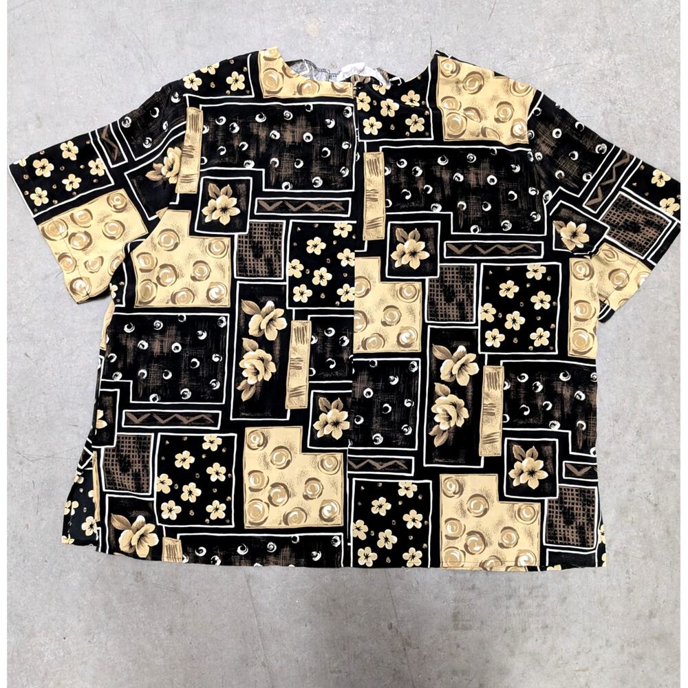 Notations Woman Floral Patchwork Print Short Sleeve Button Up Blouse Career